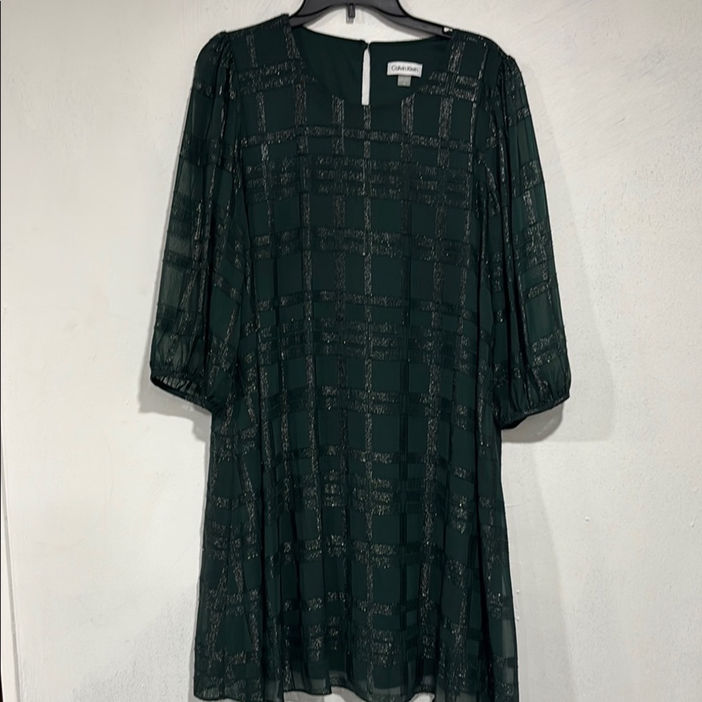 Calvin Klein Green A-line Dress with Bishop Sleeves